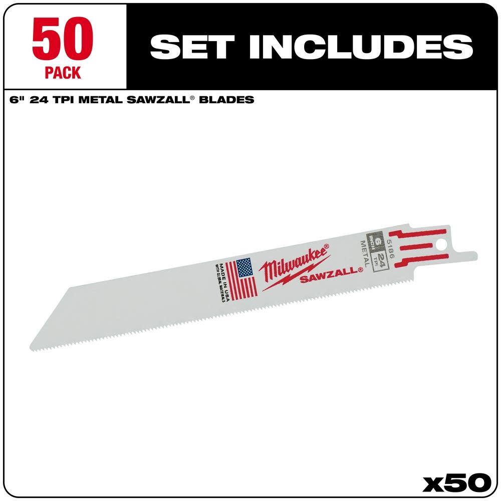 Milwaukee 6 in. 24 TPI Thin Kerf SAWZALL Blades (50 Pack) - Ascmtools