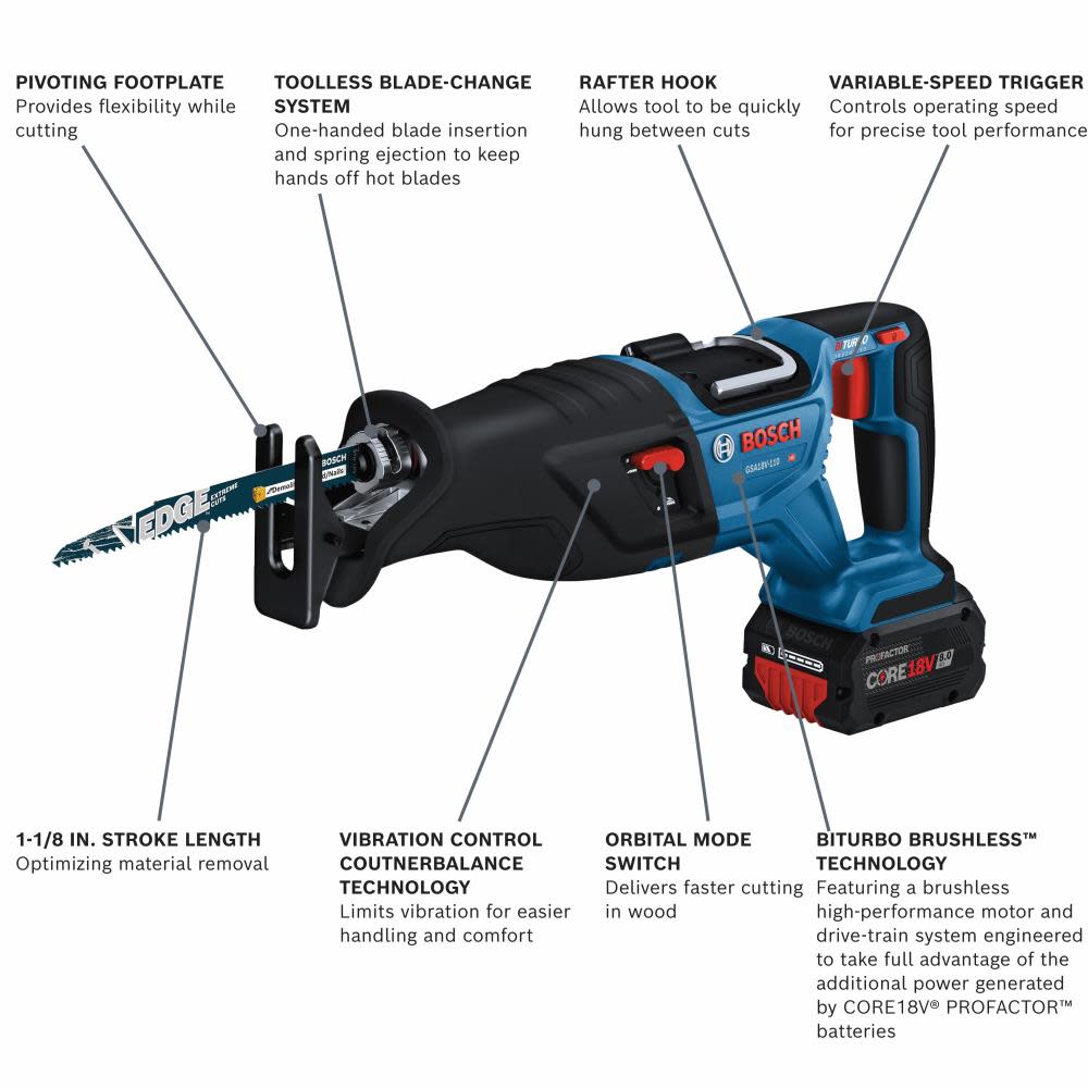 Bosch PROFACTOR 18V 1 1/8″ Reciprocating Saw Kit with CORE18V 8.0 Ah PROFACTOR Performance Battery - Ascmtools