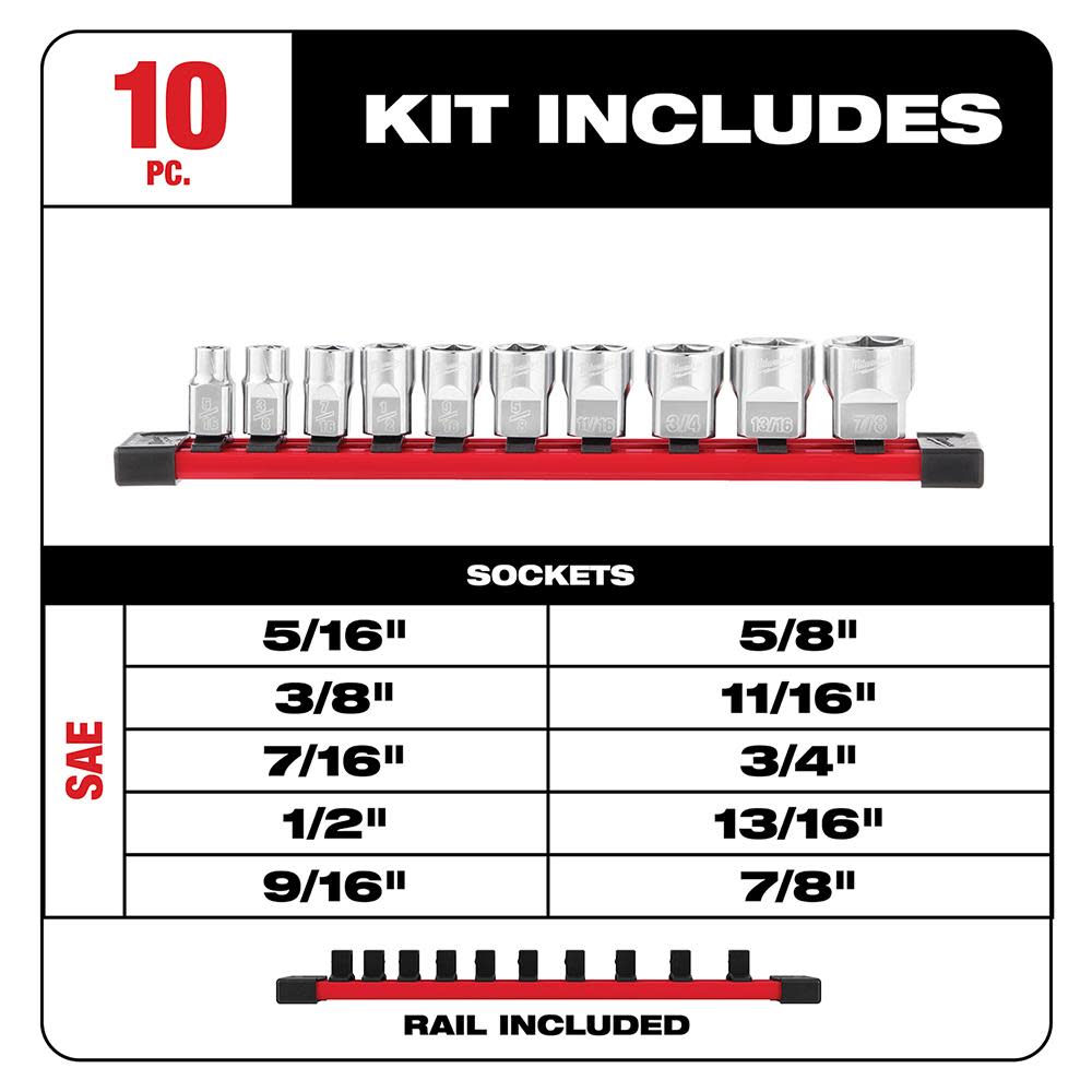 Milwaukee 10pc 3/8 in. SAE Sockets with FOUR FLAT Sides - Ascmtools