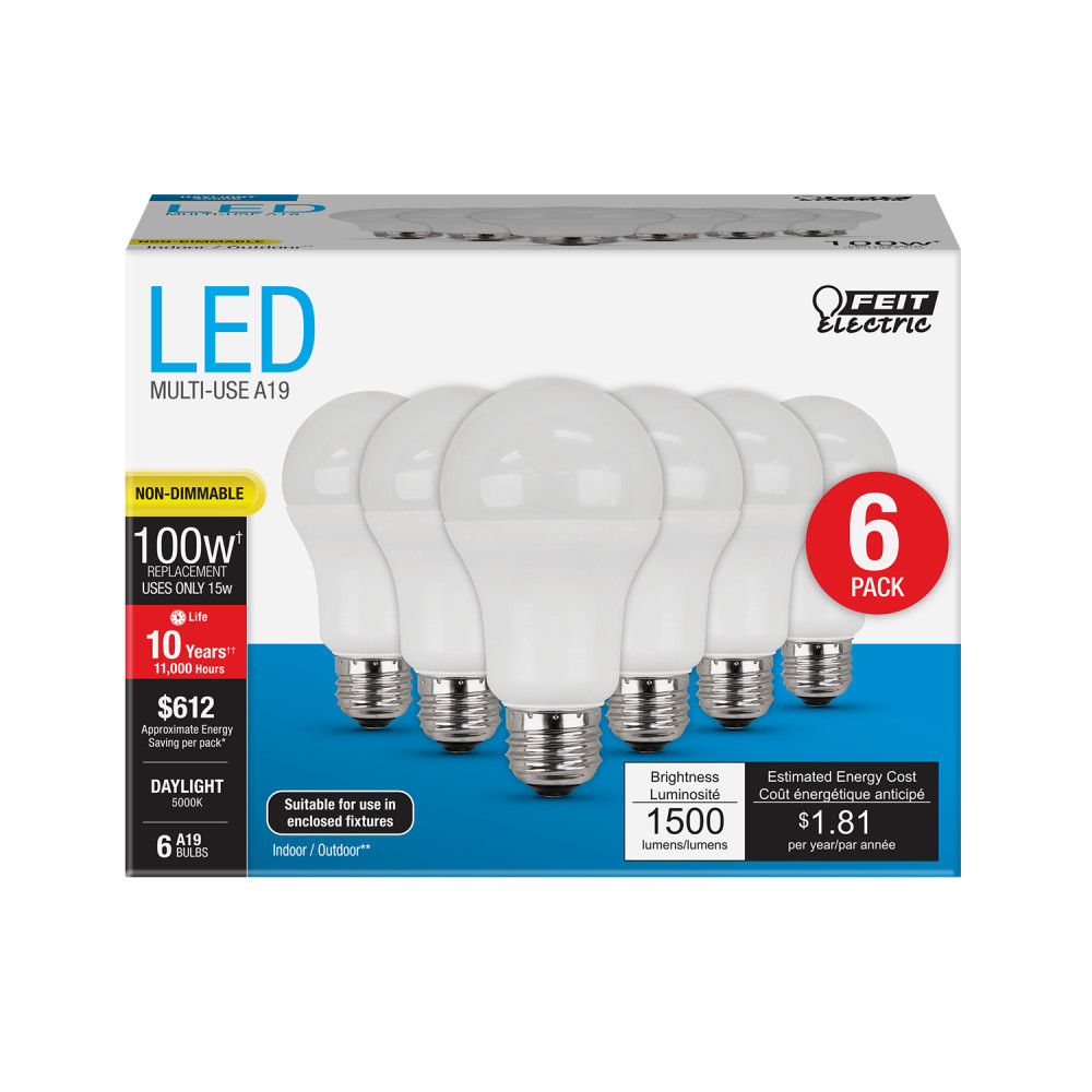 Feit Electric 100W A19 5000K Non-Dimmable LED Bulb 6pk - Ascmtools
