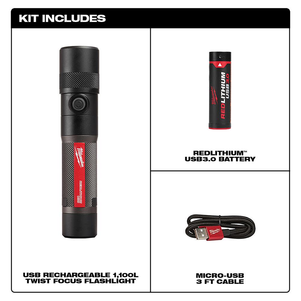 Milwaukee USB Rechargeable 1100L Twist Focus Flashlight - Ascmtools