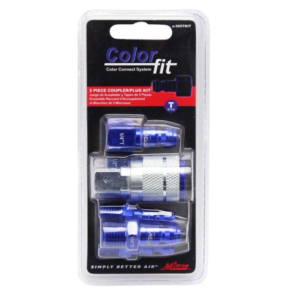 Milton ColorFit S-305TKIT Coupler & Plug Kit – (T-Style Blue) – 1/4″ NPT (5-Piece) - Ascmtools