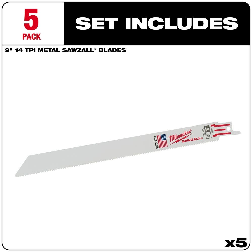 Milwaukee 9 in. 14 TPI Thin Kerf SAWZALL Blades 5PK - Ascmtools