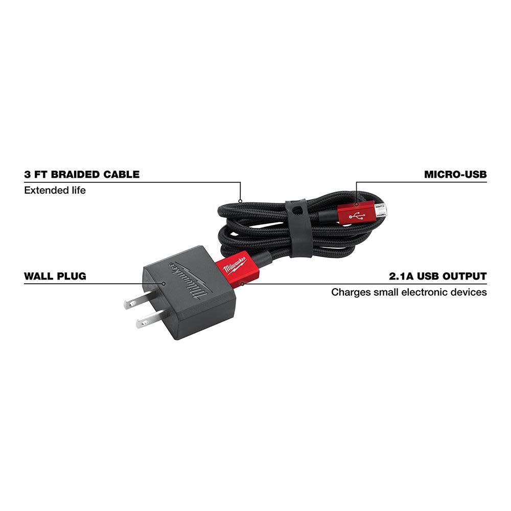 Milwaukee 3ft Micro-USB Cable and 2.1A Wall Charger - Ascmtools