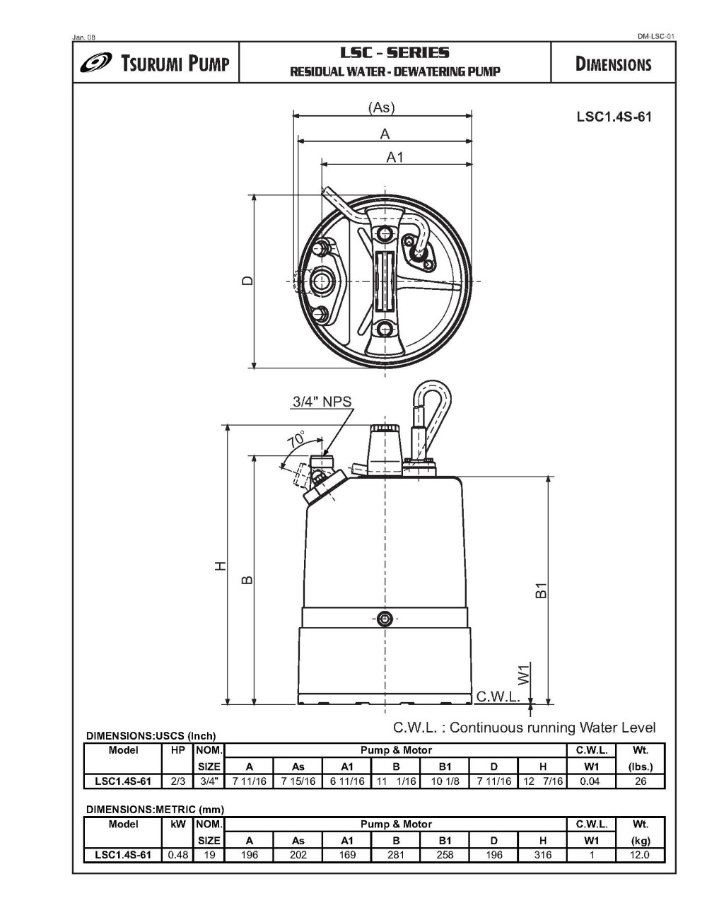 Tsurumi LSC1.4S Electric Submersible Pump - Ascmtools