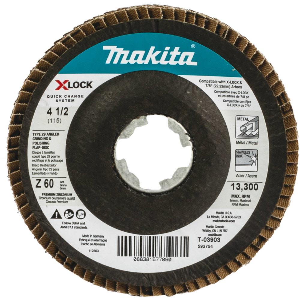 Makita X-LOCK 4 1/2″ Angled Grinding and Polishing Flap Disc X-LOCK and All 7/8″ Arbor Grinders 60 Grit Type 29 3pk - Ascmtools