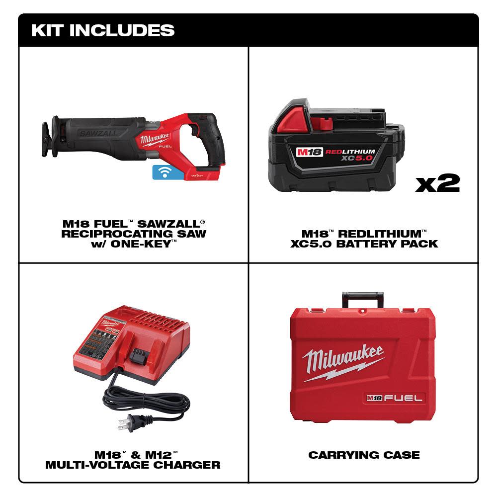 Milwaukee M18 FUEL SAWZALL Reciprocating Saw with ONE-KEY – 2 Battery XC5.0 Kit - Ascmtools