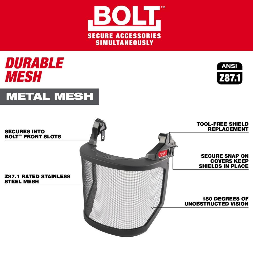 Milwaukee BOLT Full Face Shield Metal Mesh Compatible with Safety Helmet No Brim - Ascmtools