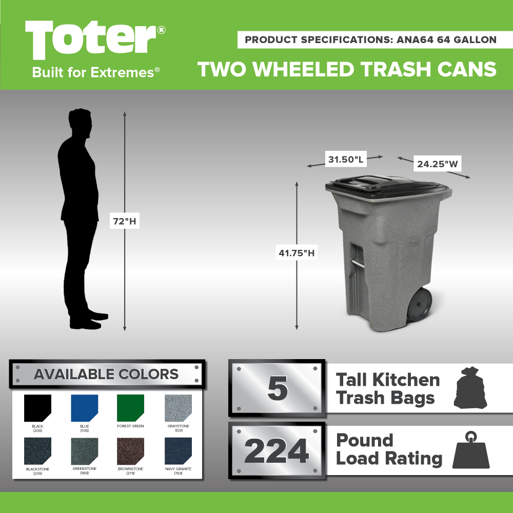 Toter 64 Gallon Trash Can with Smooth Wheels and Lid - Ascmtools