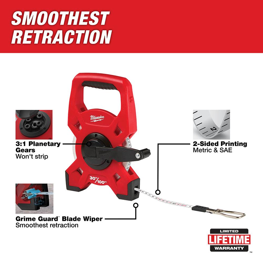 Milwaukee 30m/100′ Fiberglass Open Reel Long Tape - Ascmtools
