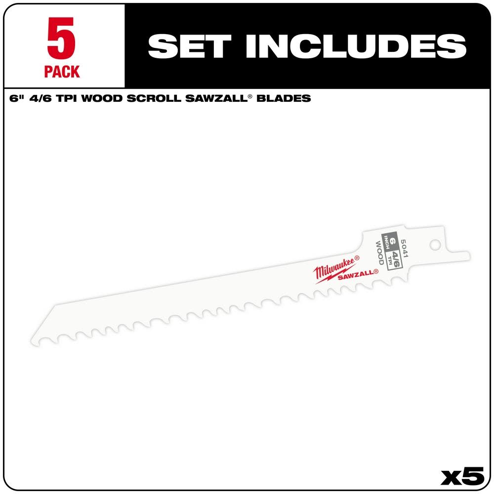 Milwaukee 6 in. 4/6 TPI SAWZALL Blades 5PK - Ascmtools