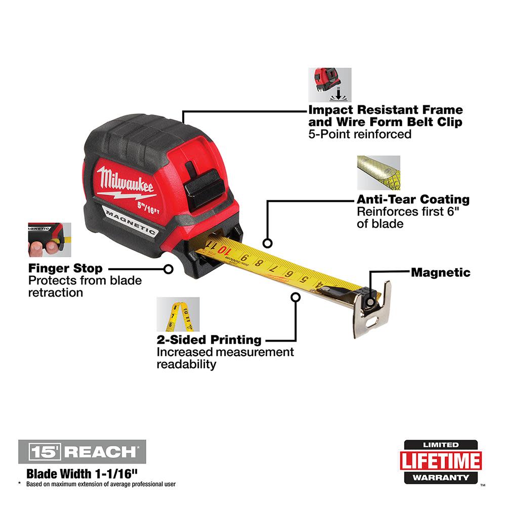 Milwaukee 5M/16Ft Compact Magnetic Tape Measure - Ascmtools