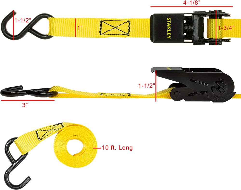 Stanley Ratchet Straps 1″ x 10′ 900 lb Break Strength Light Cargo Hauling 4pk - Ascmtools