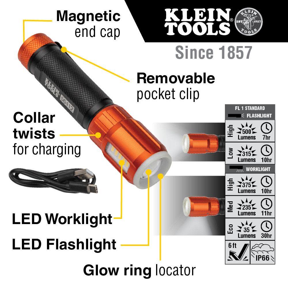 Klein Tools Flashlight with Worklight Rechargeable - Ascmtools