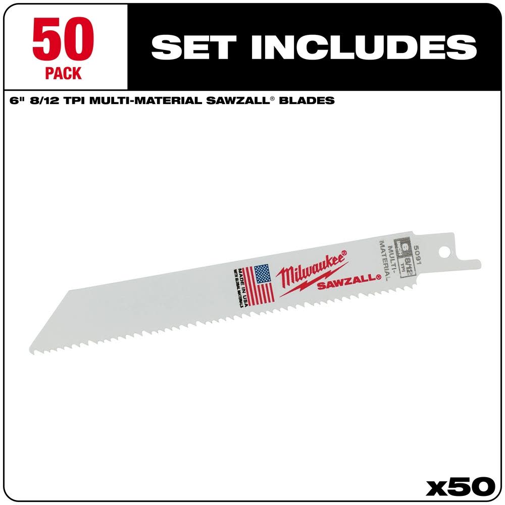 Milwaukee 6 in. 8/12 TPI SAWZALL Blades (50 Pack) - Ascmtools