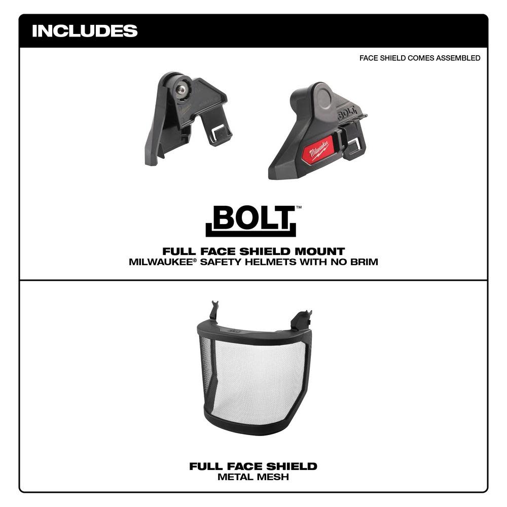 Milwaukee BOLT Full Face Shield Metal Mesh Compatible with Safety Helmet No Brim - Ascmtools