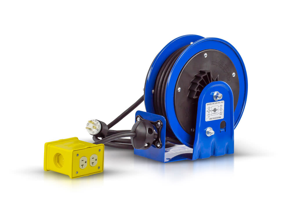 Coxreels Hose Reel 30′ Compact Spring Driven Cord Quad Receptacle with 12GA Steel Base - Ascmtools