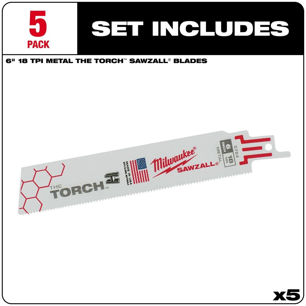 Milwaukee 6 in. 18 TPI THE TORCH SAWZALL Blade 5PK - Ascmtools
