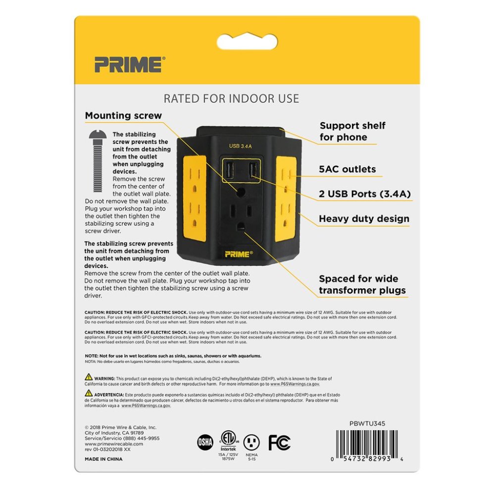 Prime 5-Outlet Workshop Tap with 2-Port 3.4A USB Charger - Ascmtools