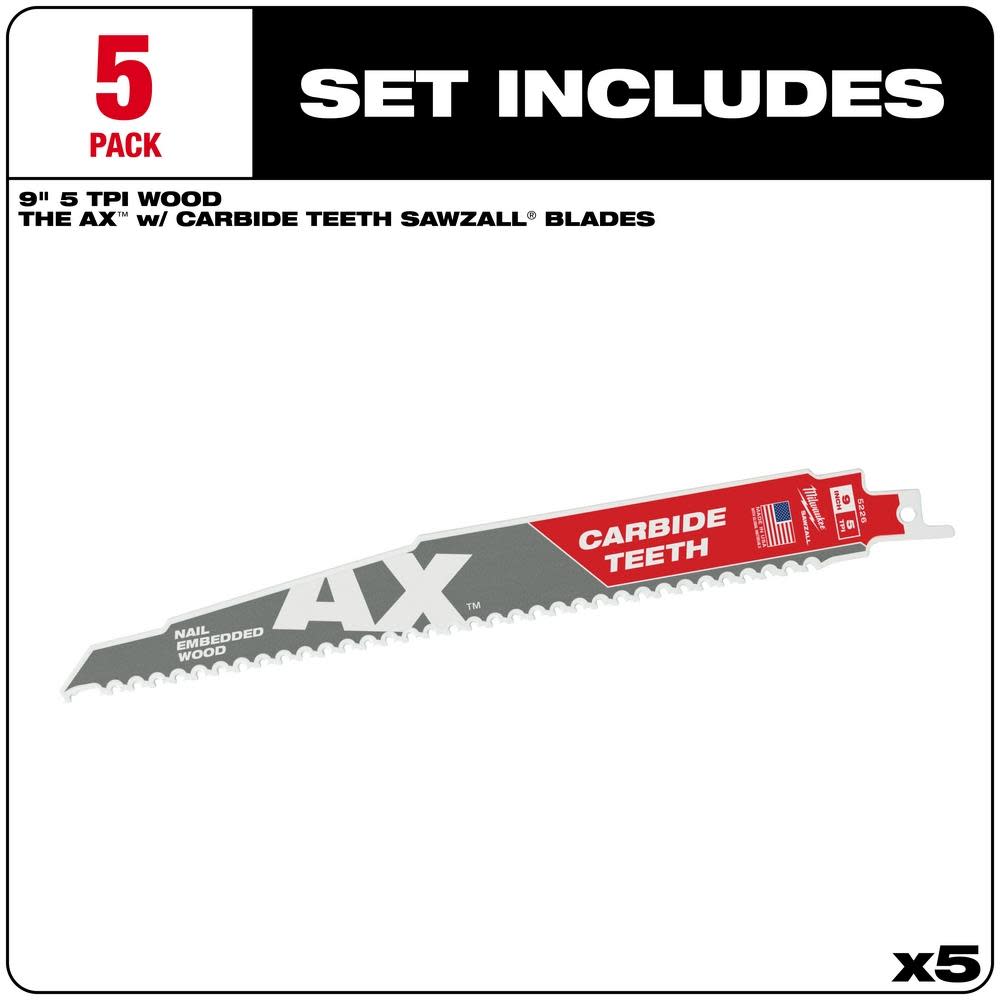 Milwaukee 9 in. 5 TPI The Ax Carbide Teeth SAWZALL Blades 5PK - Ascmtools