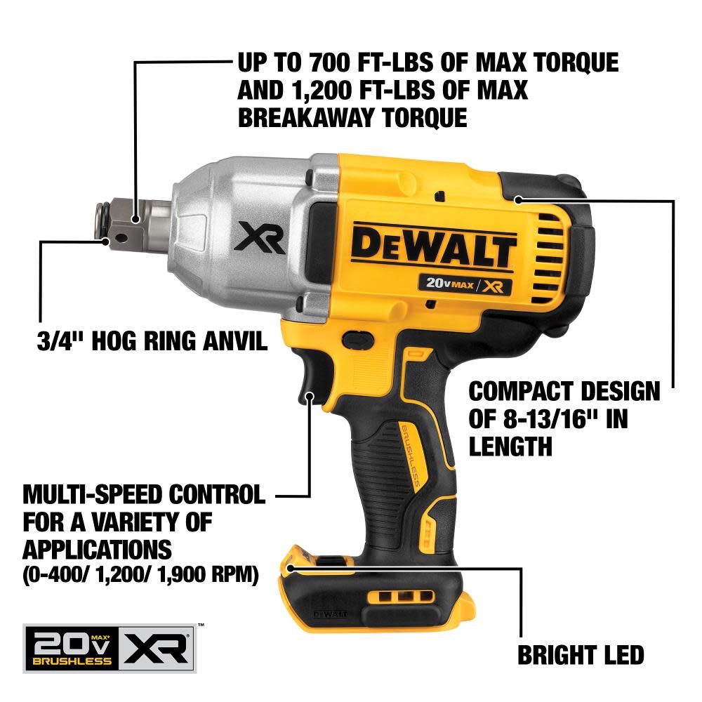 DEWALT 20V MAX XR 3/4″ Impact Wrench with Hog Ring Retention Pin Anvil Bare Tool - Ascmtools