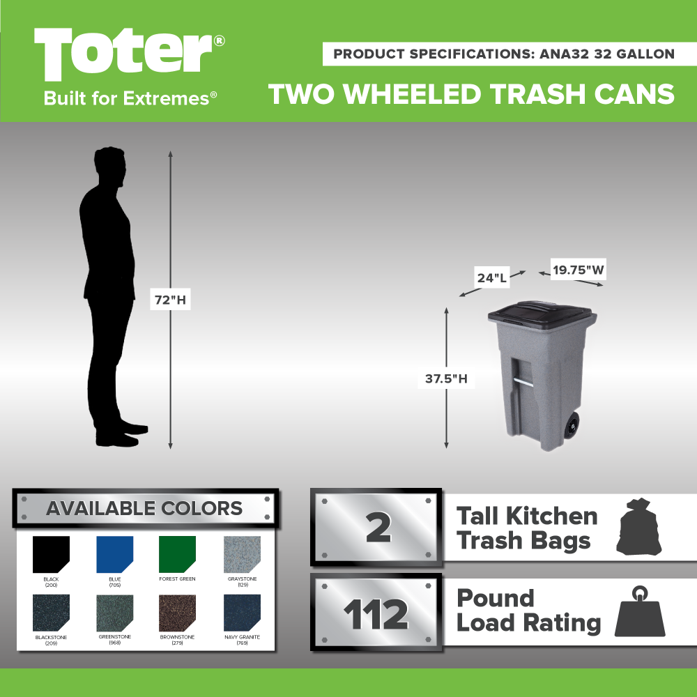 Toter 32 Gallon Greenstone Trash Can with Quiet Wheels and Attached Lid - Ascmtools