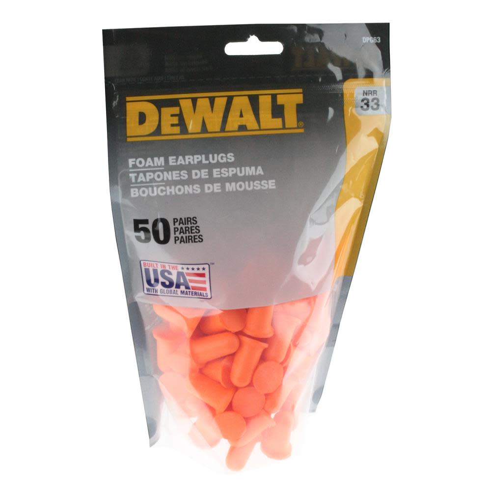 DEWALT Bell Shape Disposable Foam Earplugs Bag of 50 Pairs - Ascmtools