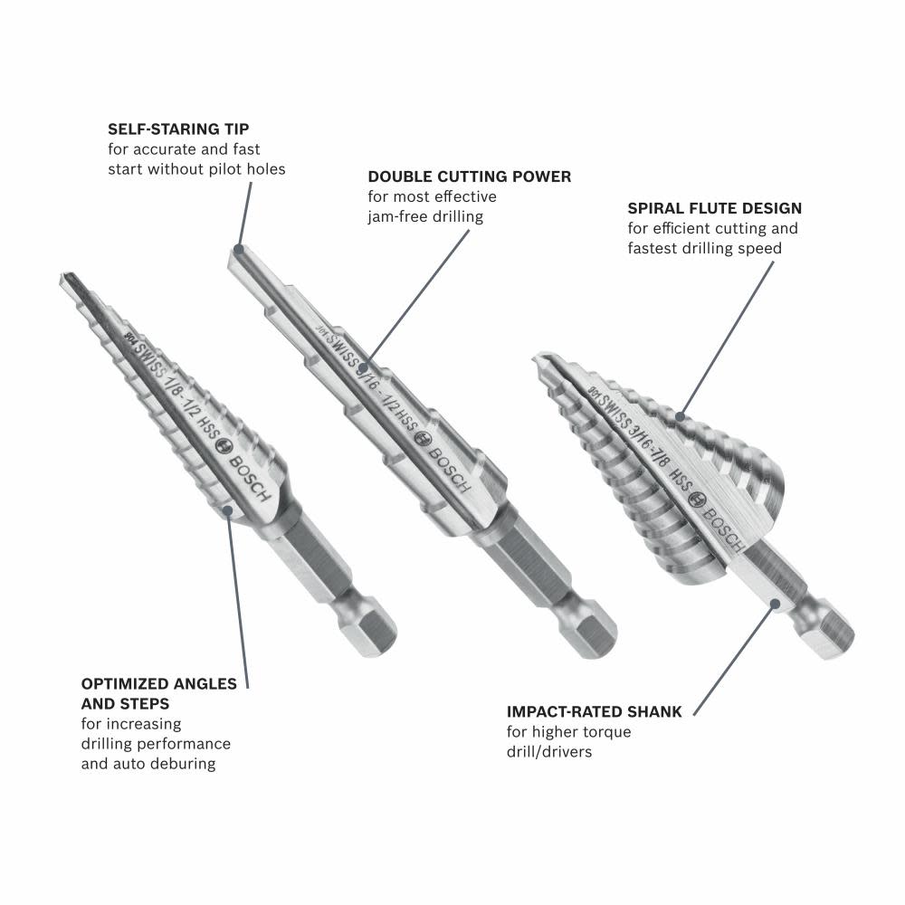 Bosch High Speed Steel Impact Tough Turbo Step Drill Bit Set 3pc - Ascmtools