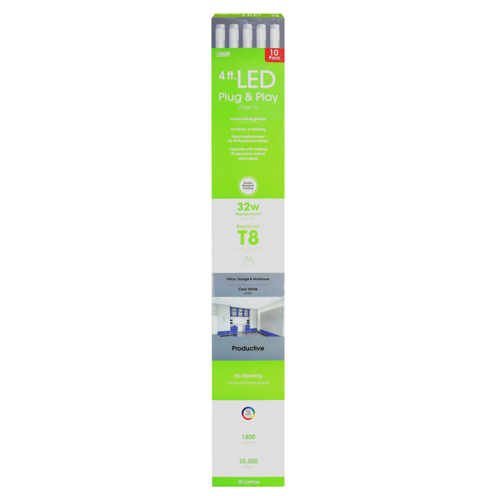 Feit Electric 4′ 32W T8 4100K Tubular LED Bulb 10pk - Ascmtools