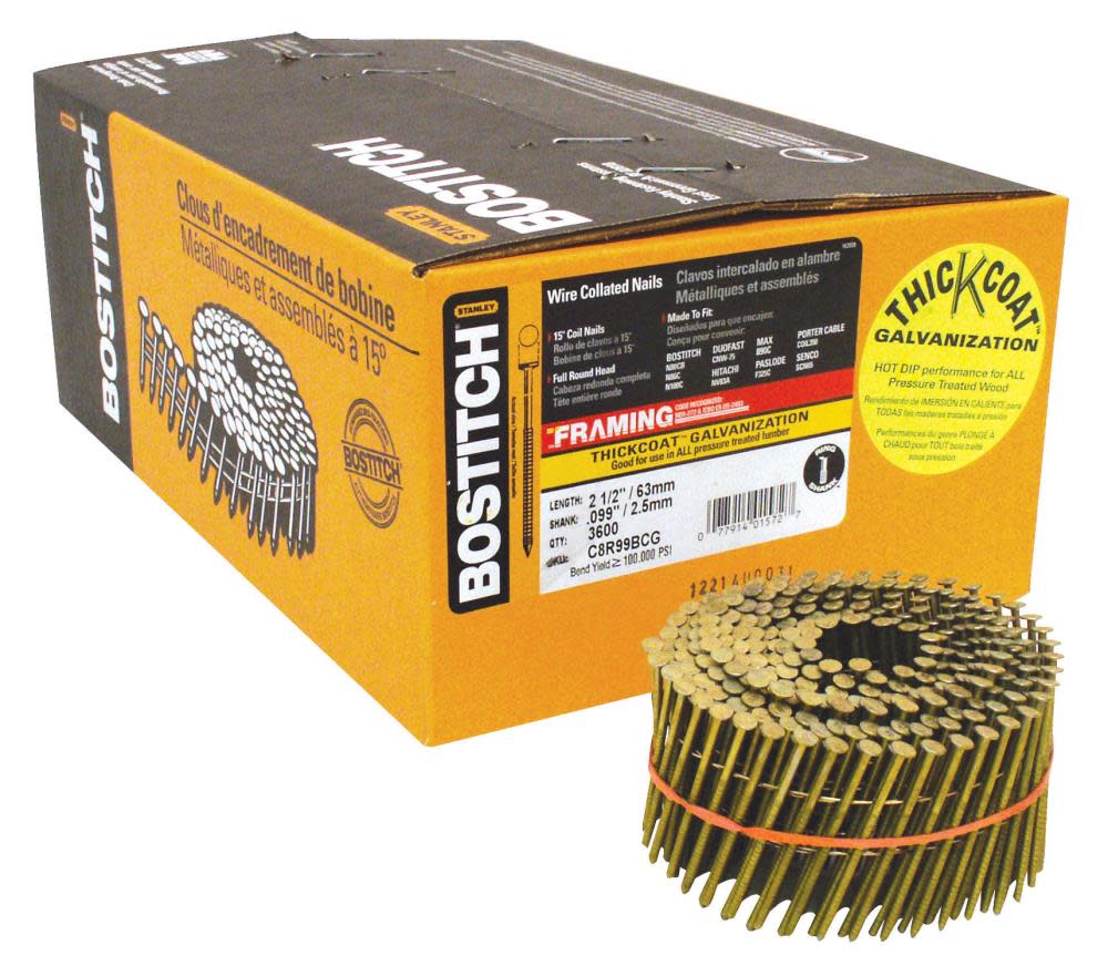 Bostitch 2-1/2 In. .099 Ring Shank Galvanized Coil Framing Nail - Ascmtools