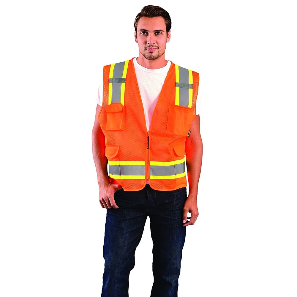 Occunomix Surveyor Safety Vest Orange High Visibility Two-Tone Mesh 5X - Ascmtools