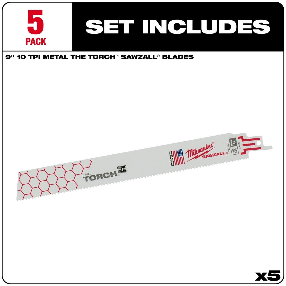 Milwaukee 9 in. 10 TPI THE TORCH SAWZALL Blades 5PK - Ascmtools