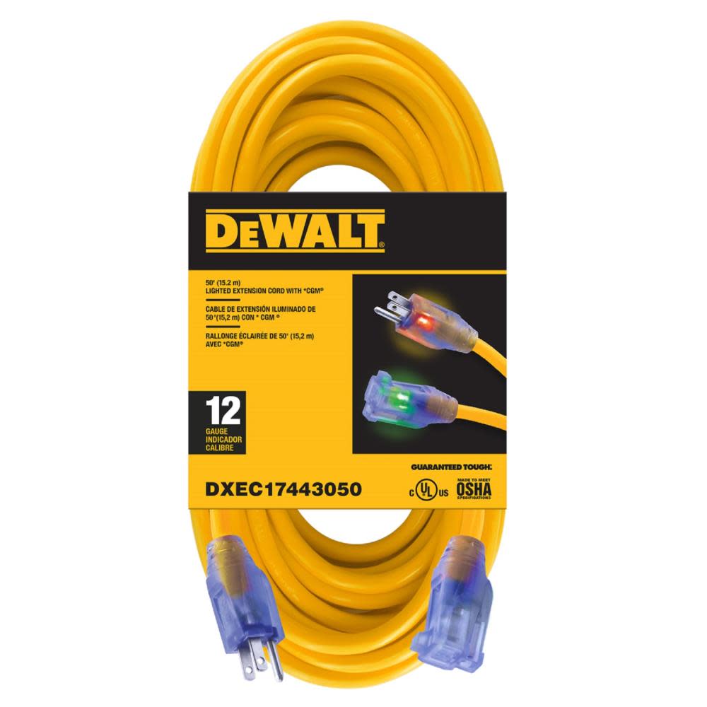 DEWALT 50′ 12/3 SJTW Lighted Extension Cord Yellow - Ascmtools