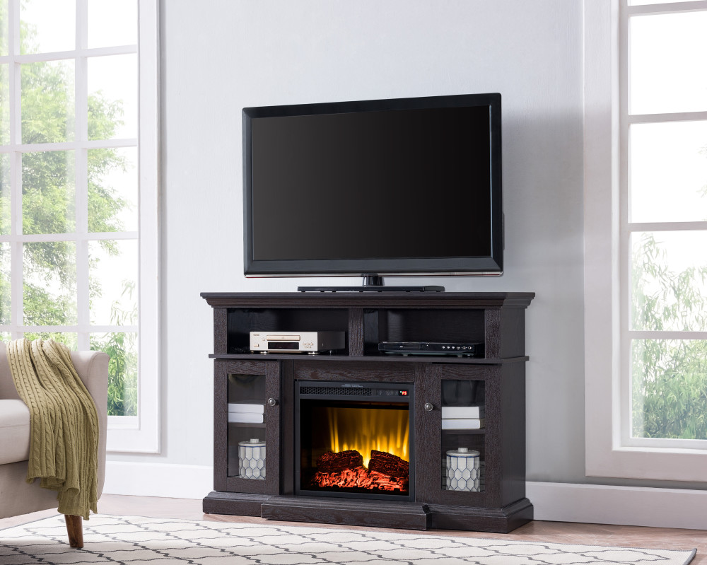 Hearthpro Black Fireplace with Glass Cabinet Doors - Ascmtools