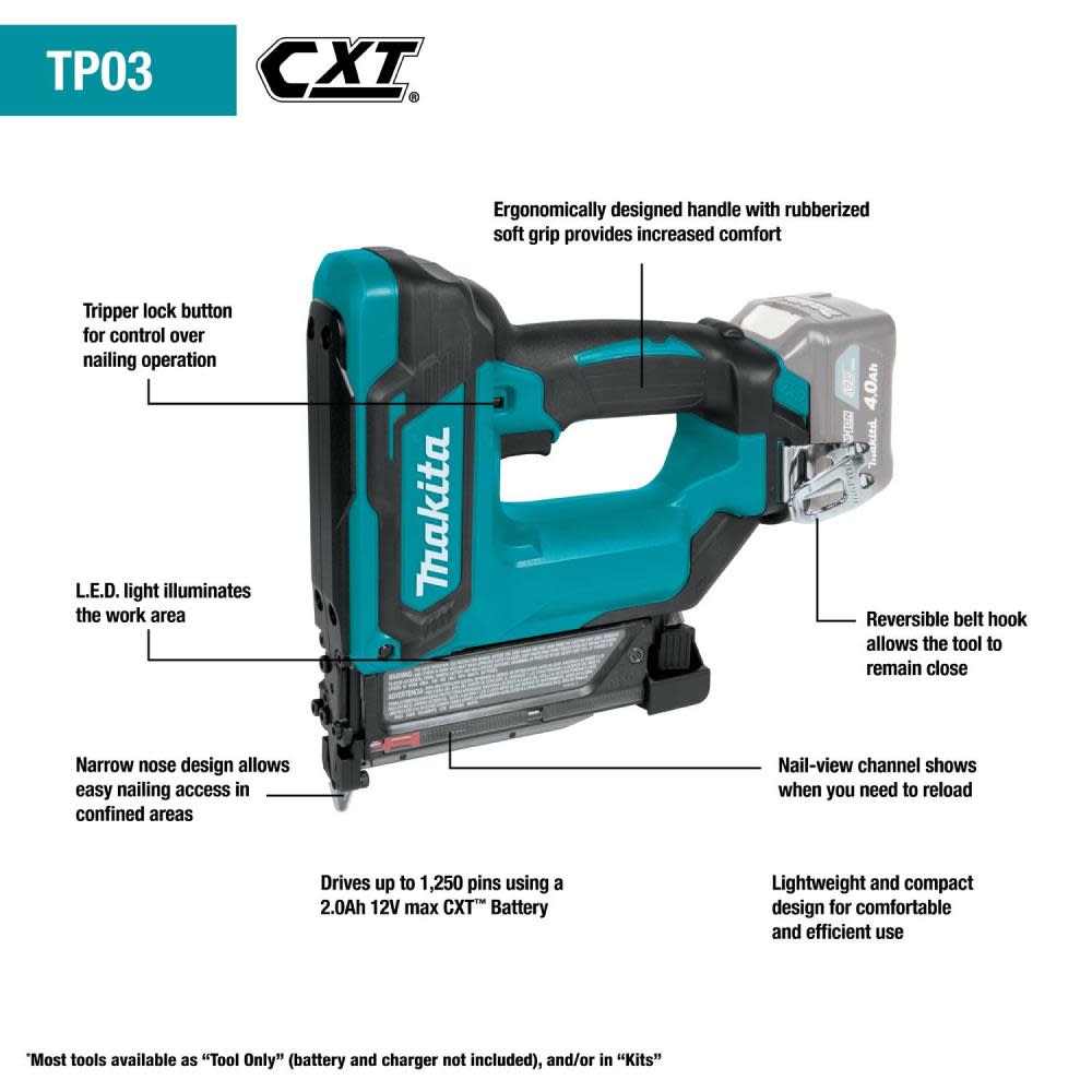 Makita 12V Max CXT Lithium-Ion Cordless Pin Nailer 23 ga. Tool Only - Ascmtools