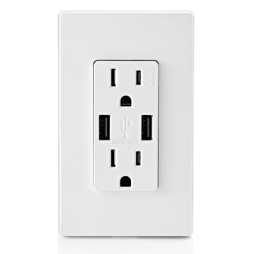 Leviton Receptacle/Outlet & 3.6A USB Charger 15A 125V White - Ascmtools