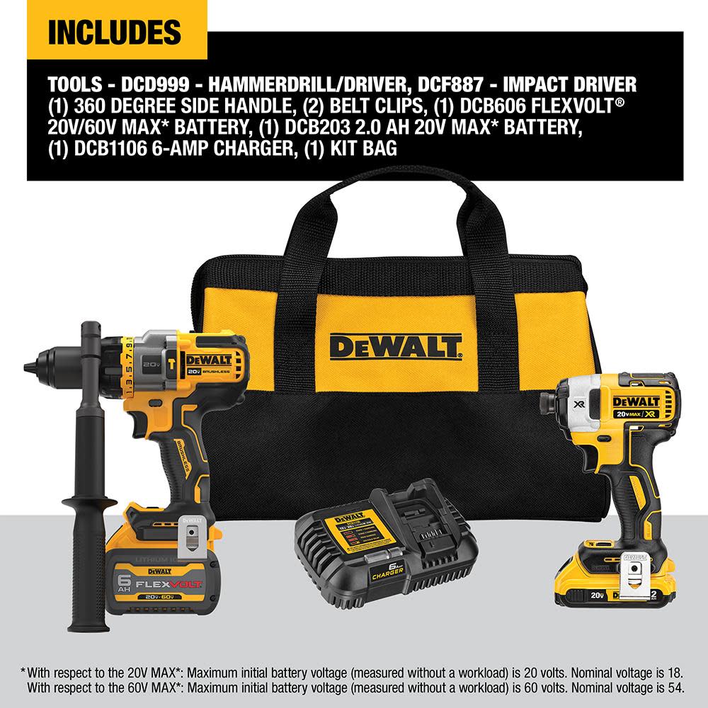 DEWALT 20V MAX* 2 Tool Kit Including Hammer Drill/Driver with FLEXV Advantage - Ascmtools