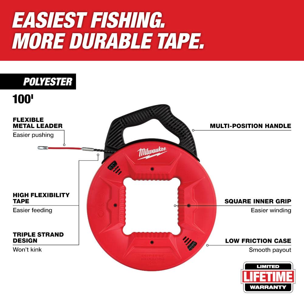 Milwaukee 100 Ft. Polyester Fish Tape with Flexible Metal Leader - Ascmtools