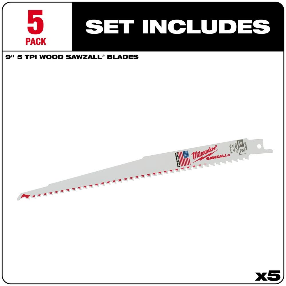 Milwaukee 9 in. 5 TPI SAWZALL Blades 5PK - Ascmtools