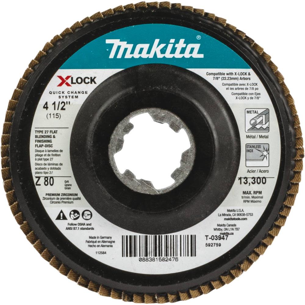 Makita X-LOCK 41/2″ 80 Grit Type 27 Flat Blending and Finishing Flap Disc for X-LOCK and All 7/8″ Arbor Grinders - Ascmtools