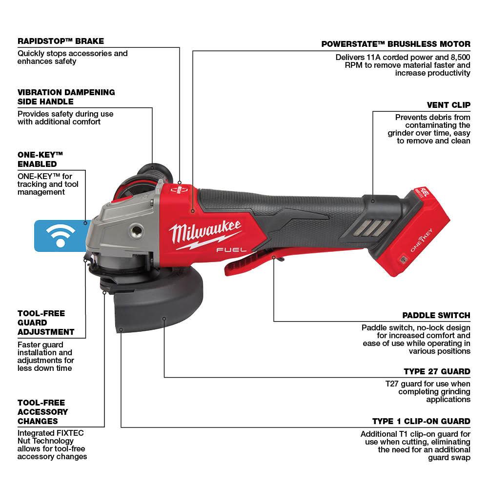 Milwaukee M18 FUEL 4 1/2″ / 5″ Braking Grinder Paddle Switch No Lock Bare Tool - Ascmtools