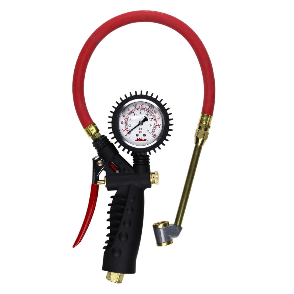 Milton S-578A Pro Analog Pistol Grip Inflator Gauge – Large Bore Dual Chuck and 15″ Hose – 230 PSI - Ascmtools