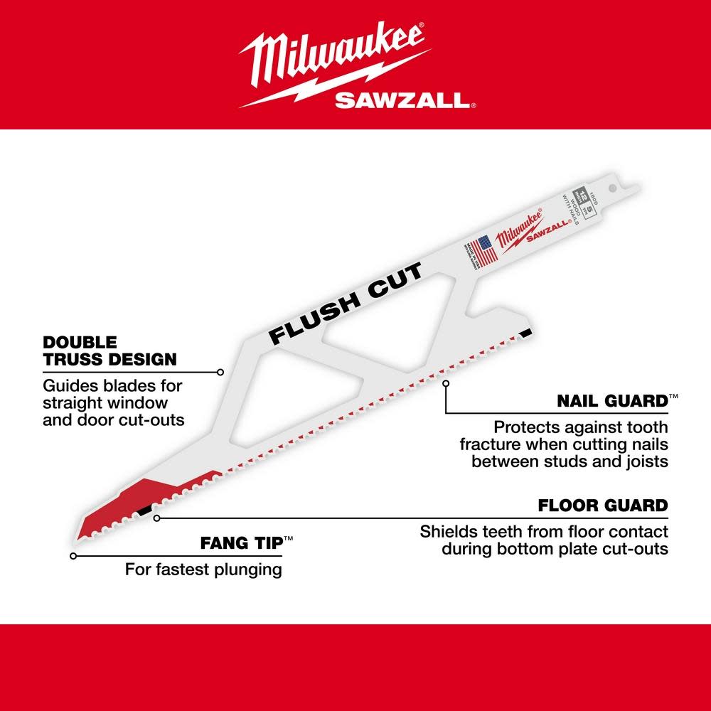 Milwaukee Flush Cut SAWZALL Blade - Ascmtools