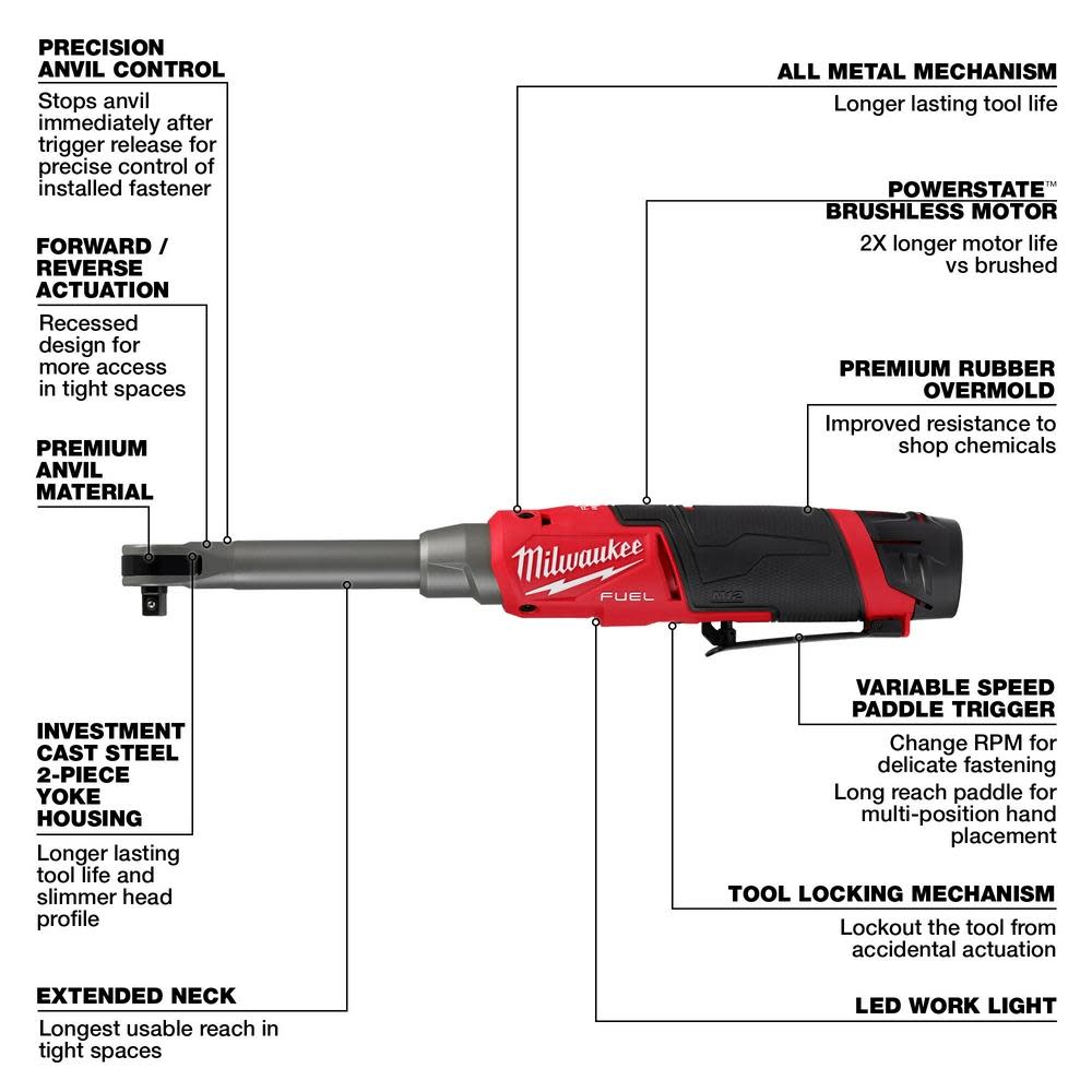 Milwaukee M12 FUEL 3/8″ Extended Reach High Speed Ratchet Kit - Ascmtools