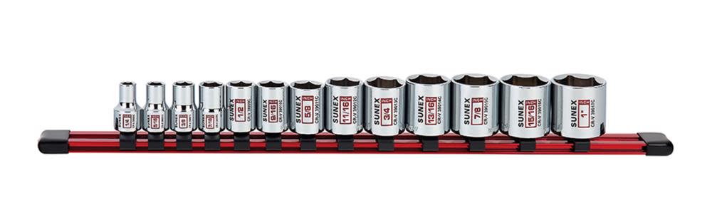 Sunex 3/8 In. Dr 6 Pt Standard SAE Socket Rail 13 Pc Set - Ascmtools