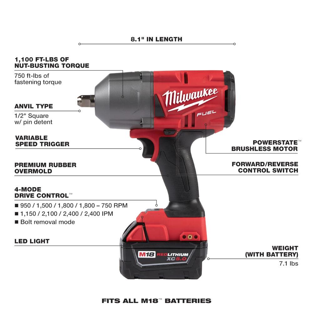 Milwaukee M18 FUEL 1/2 in. High Torque Impact Wrench with Pin Detent Kit - Ascmtools