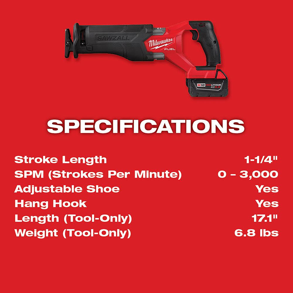 Milwaukee M18 FUEL SAWZALL Reciprocating Saw – 2 Battery XC5.0 Kit - Ascmtools