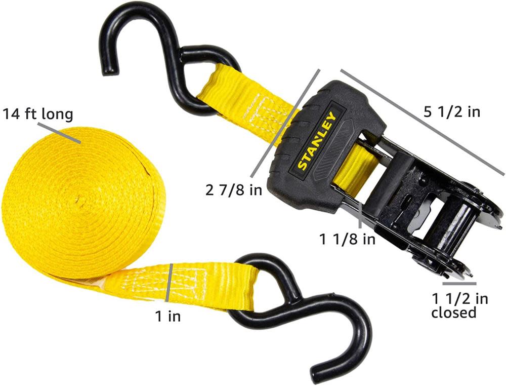 Stanley S1006 Ratchet Tie Down Straps 1″ x 14′ Medium Cargo Hauling 3000 lbs Break Strength 4pk - Ascmtools