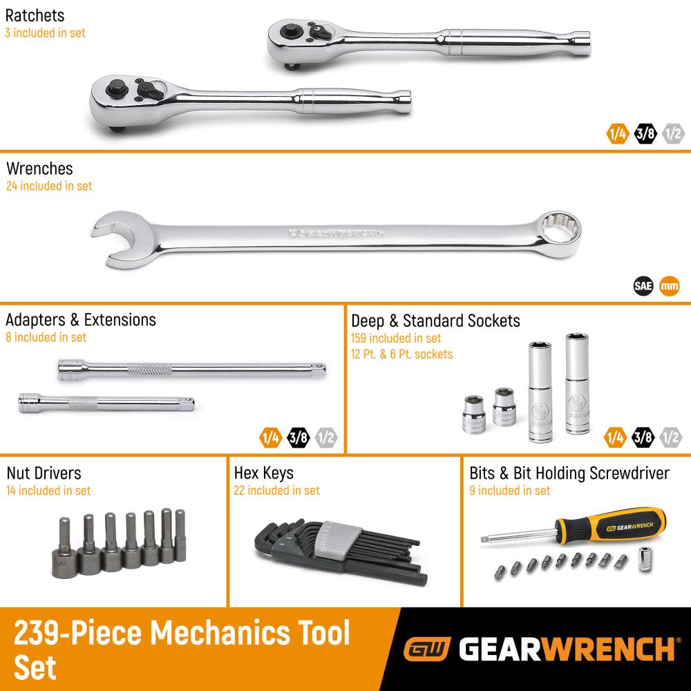 GEARWRENCH 239 Piece Mechanics Tool Set in 3 Drawer Storage Box - Ascmtools