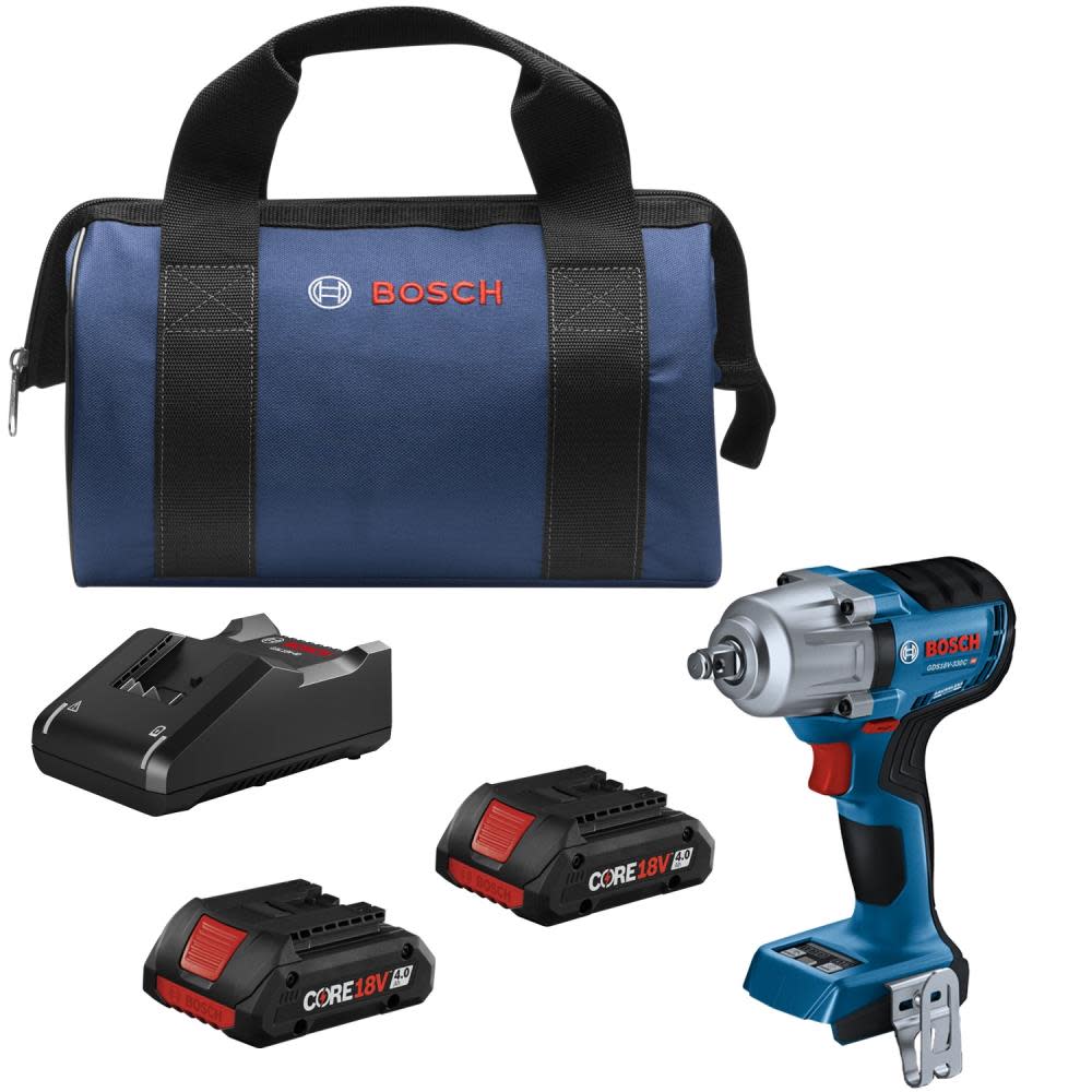 Bosch 18V 1/2″ Mid Torque Impact Wrench Kit Connected Ready with Frictin Ring and Thru Hole and 2 CORE18V 4.0 Ah Compact Batteries - Ascmtools